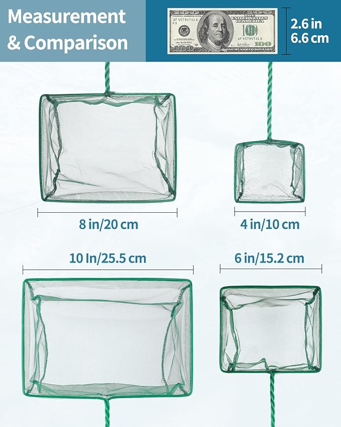 Pawfly Aquarium Fish Net with Braided Metal Handle Square Net with Soft Fine Mesh Sludge Food Residue Wastes Skimming Cleaning Net for Fish Tanks Small Koi Ponds and Pools