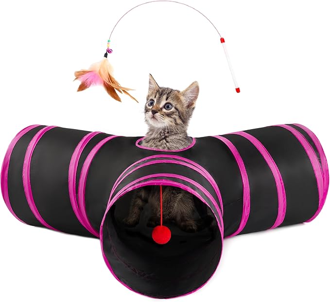 Love’s Cabin Cat Tunnel for Indoor Cats, 3-Way Collapsible Play Tunnel with Teaser Wand, Peek Holes & Toy Ball, Small Pet Toy for Kittens & Rabbits, Black & Rose Red, Small Size