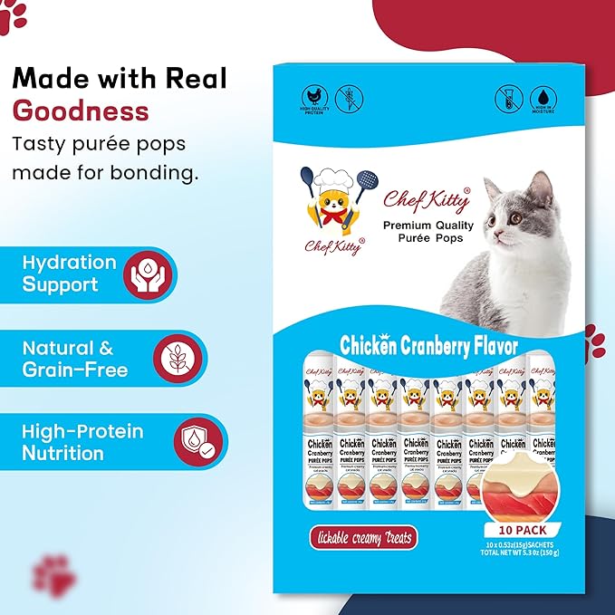 Cat Treats Lickable | Grain-Free Cat Food Toppers| Creamy Puree Squeeze Ups Urinary Tract Health & Kidney Support | 0.5 oz. Each Tube, Chicken with Cranberry Recipe | 10 Tubes