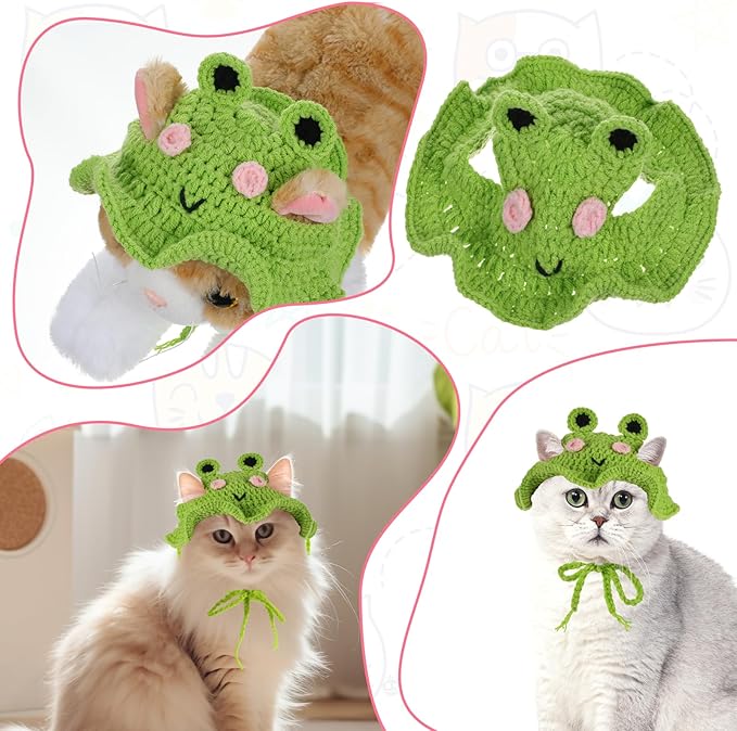 Frog Cat Hat, Cotton & Soft Cute Knitted Hats for Cats Frog Crochet Cat Hats for Cats Only Cute Puppy Hat for Small Pets on Christmas Birthday Party Halloween (Green, S)