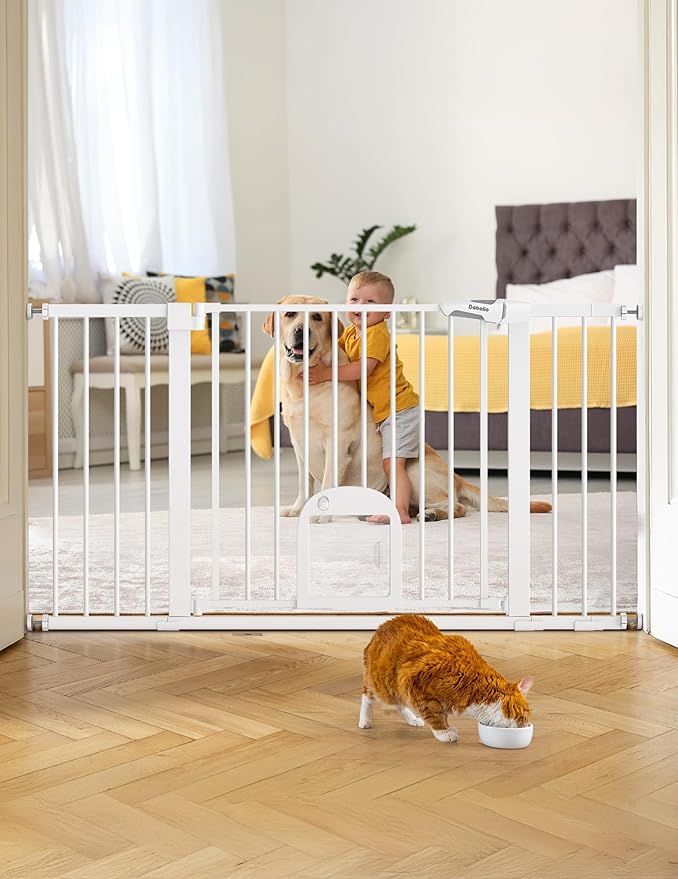 Babelio 36.5-57" Extra Wide Baby Gate with Cat Door, CatPrivilege Ⅲ, Auto Close & Two Way Swing, Pressure Mounted Dog Gates for Stairs, Doorways, Includes 4 Wall Cups and 3 Extension Pieces,White