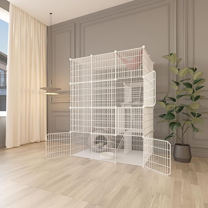 Large 4-Tier Cat Cage Indoor, DIY Cat Enclosures Detachable Metal Wire, Indoor Cat Crate Exercise Place Ideal for Kitty, Small Animals (White, 41" L x 28" W x 55" H, 7)