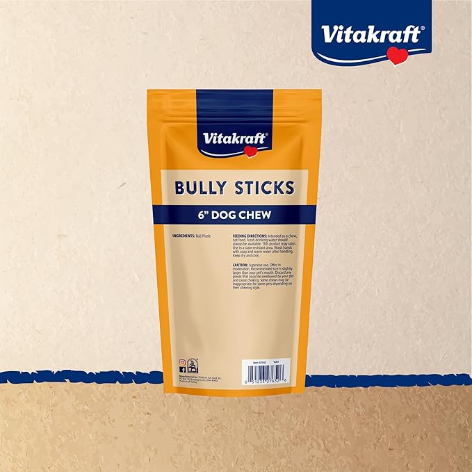 Vitakraft Dog Bully Sticks, 6 Inch, 5 Count, Thick, All-Natural Beef Chews for Dogs, 6 oz