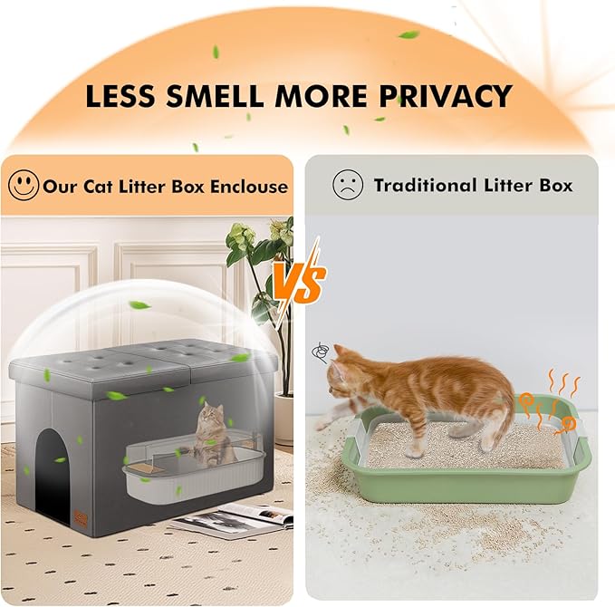 Cat Litter Box Enclosure Furniture for Odor Control, Hidden Cabinet Cat Litter Box Furniture Ottoman with Flip-Up Lid,Cats Litter Box Bench with Storage Space, Dog Proof (Gray-Faux Leather, X-Large)