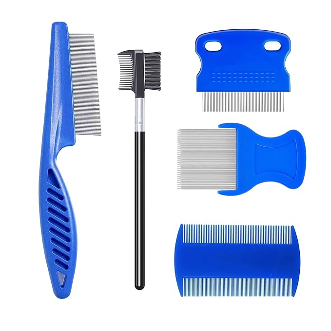 5 Pack Flea & Lice Comb Set for Cats, Dogs & Kids – Stainless Steel Fine Tooth Nit Comb Kit with Double-Sided Tear Stain Remover, Grooming Brush & Peine para Piojos for Thick Hair (Blue)