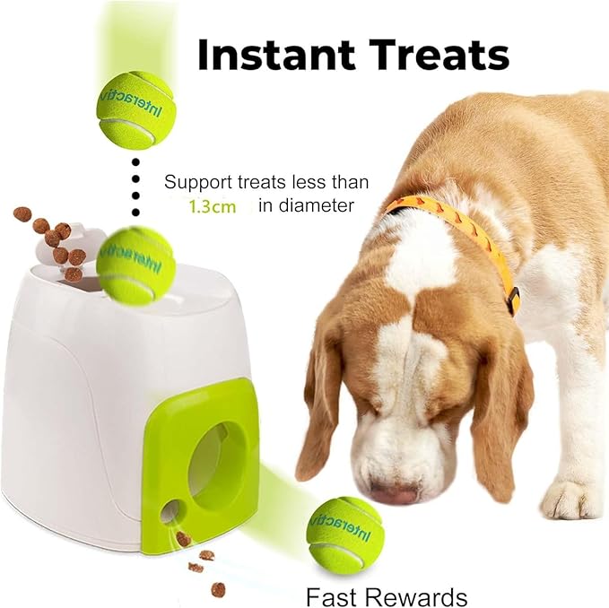 Automatic Tennis Ball Thrower, Dog Feeder and Launcher Toy Ball，Multipurpose Dog Launcher and Treat Dispenser, Automatic Tennis Toy with Rewards for Small and Medium Size Dogs