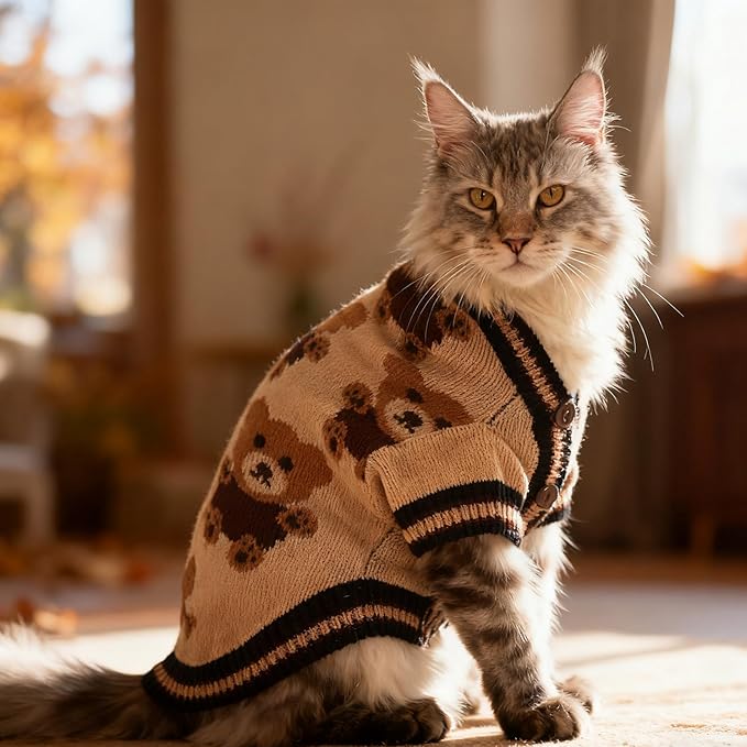 EXPAWLORER Cat Sweater Cardigan - Stylish Knit Cat Clothes, Soft Puppy Sweater with Sleeve, Cute Warm Pet Clothing Knitwear, Fall Winter Kitten Coat for Girl Boy Cats, Bear Small