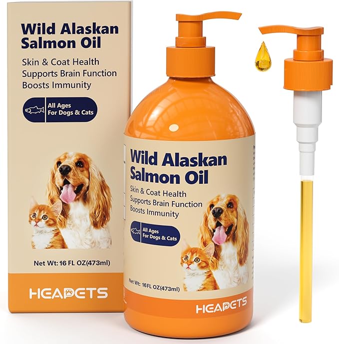 Wild Alaskan Salmon Oil for Dogs & Cats (16oz), Fish Oil Omega 3 Supplements with EPA & DHA for Skin & Coat, Immune, Brain, Joint and Heart Health, Dog & Cat Fish Oil Supplements with Pump