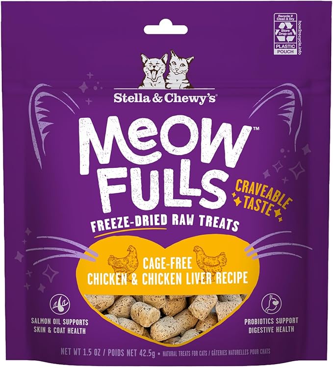 Stella & Chewy's Meowfulls Freeze Dried Cat Treats - Chicken & Chicken Liver Recipe - Raw Protein with Probiotics & Salmon Oil - 1 Calorie Per Treat - 1.5 oz