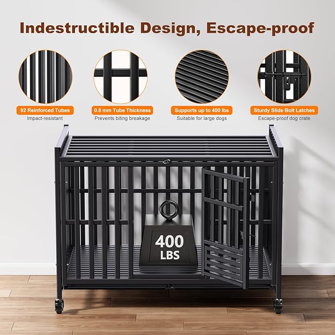 Heavy Duty Dog Crate, Reinforced Thickened Steel Frame Indestructible Kennel for Large & High Anxiety Dogs, Escape Proof Design with 3 Doors, 4 Lockable Wheels and 2 Removable Trays (48inch)