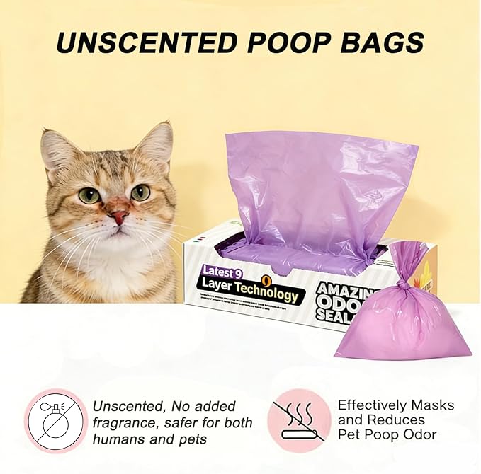 Odor-Sealing Cat Litter Bags - 220 Count Unscented Cat Poop Bags with Strong Odor Control, Leakproof & Durable Pet Waste Bags (Size:S, Color: Purple)