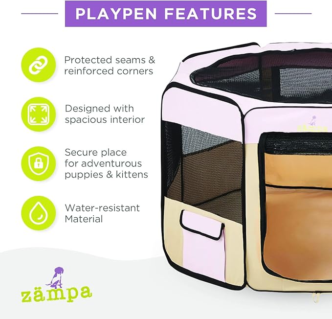 Zampa Puppy Pop Up Portable Playpen for Dog and Cat, Foldable | Indoor/Outdoor Kitten Pen & Travel Pet Carrier + Carrying Case (Pink, Extra Small (29"x29"x17"))