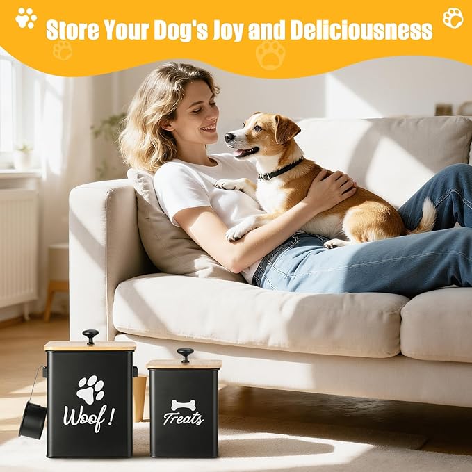 Dog Treat Containers Set of 2, Dog Food Storage Containers with Airtight Lids, Metal dog treat jars for Kitchen Countertop, Pet Food Canister Keep Snack Fresh, 5.9"×5.9"×7.1", Black