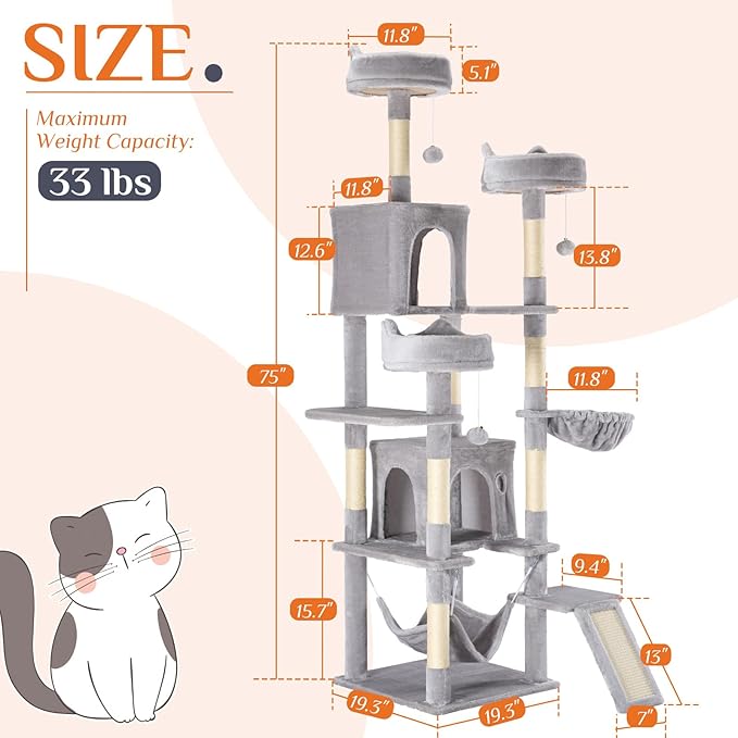 Sweetcrispy Cat Tree 75 Inch, Large Multi-Level Tall Cat Tree Tower with Condo, Perches, Sisal Scratching Posts Board and Hammock, Pet Play House with Dangling Balls for Indoor Cats, Light Grey