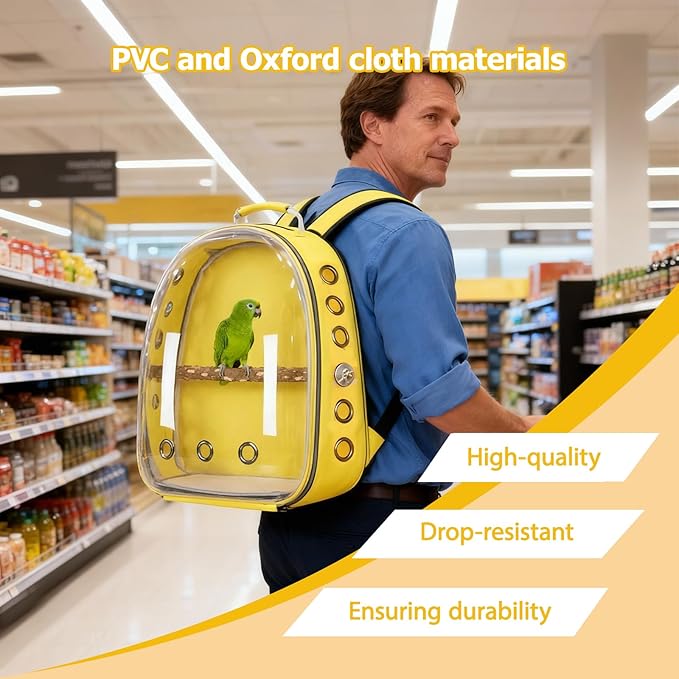 Transparent Parrot Backpack,12 Holes Ventilate Space Capsule Carrier,Stick Wooden Standing Perch,Portable Double Shoulder Outdoor Pet Backpack Carrier for Birds and Pets (Purple,Without Stick)