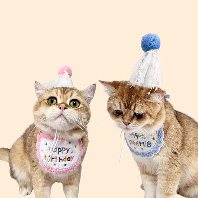 Cute Pet Birthday Costume Bandana Scarf Bib and Hat Set for Cat Small Dog, Cat Birthday Decorations Outfits (Pink)