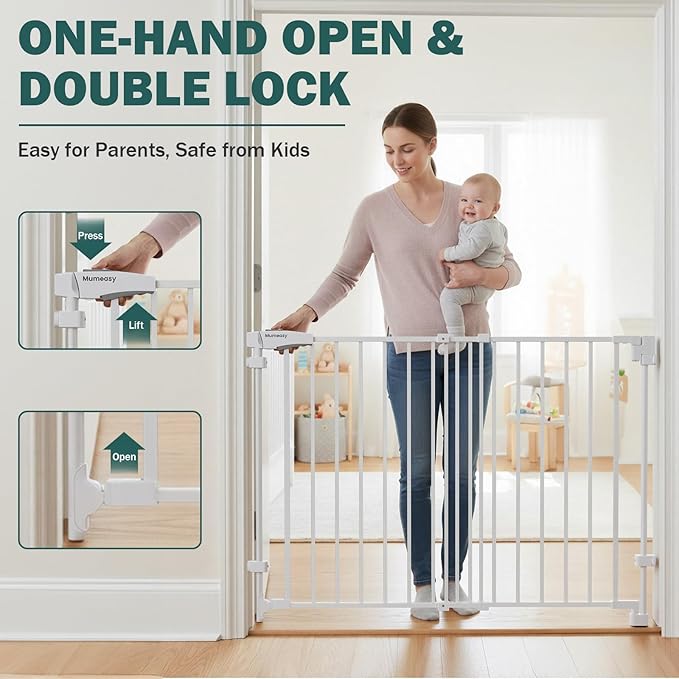 Mumeasy 29.5-43.3" Baby Gate for Stairs, No Bottom Bar Dog Gate with Removable Door & Slide-Adjust Drill Mount, Extra Wide Stairway & Hallway Walk Thru Pet Safety Gate for Doorways, Kitchen (White)