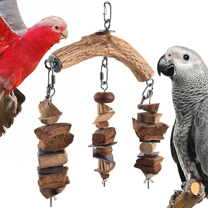 Bird Parrot Toys, Large Birds Wooden Chew Blocks with Stainless Steel Cage Hanging Bite Toy for Macaws, African Greys, Cokatoos, Amazon Parrots and Small Medium Parakeets