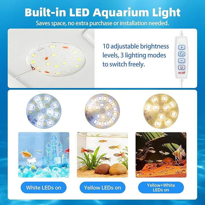 Small Fish Tank Betta 2.5 Gallon Desktop Aquarium Kit with LED Light and Water Pump & Black Filter Sponge & Bio Ball Filter Media Compact Aquarium for Betta Fish, Shrimp(Black