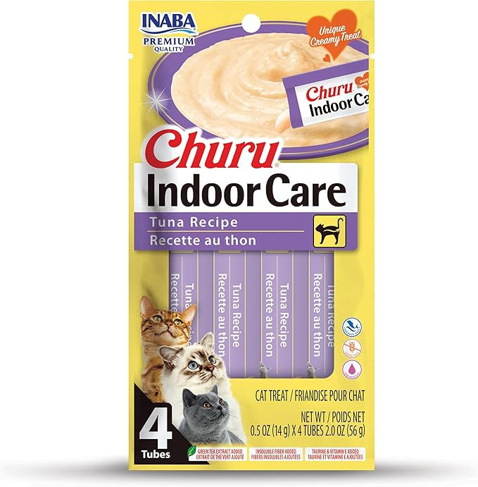 INABA Churu for Cats, Functional, Creamy Lickable Purée Cat Treat for Hairball Control and Indoor Care with Taurine & Vitamin E, 0.5 Ounces Each, 4 Tubes (1 Pack), Tuna Recipe