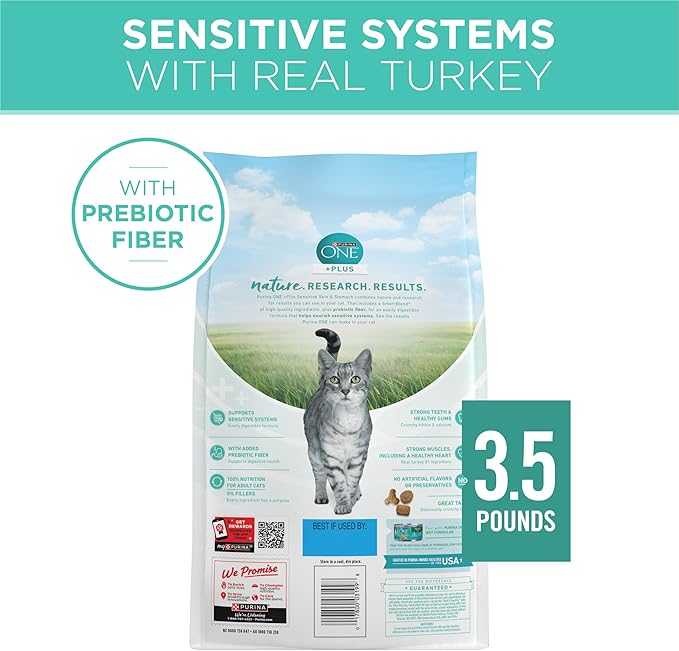 Purina ONE Sensitive Stomach, Sensitive Skin, Natural Dry Cat Food, +Plus Sensitive Skin and Stomach Formula - 3.5 Lb. Bag