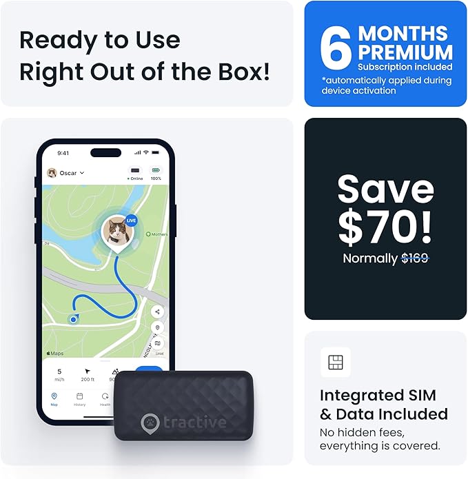 Tractive Smart Cat GPS Tracker with Free 6 Month Subscription | Real-Time Location & Wellness Monitoring for Cats 6.5 lbs+ | Territory & Location History | Up to 5-Day Battery (Brown)