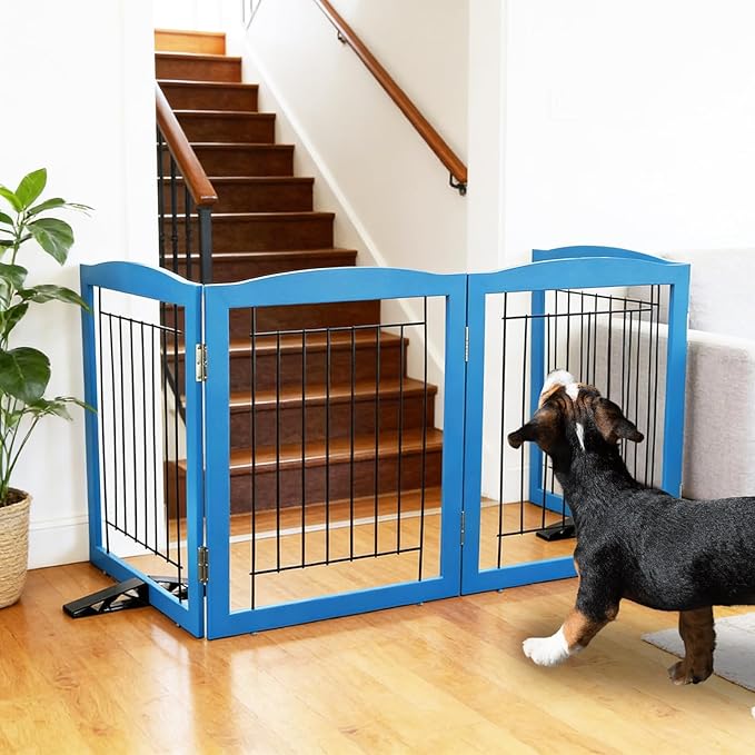 ZJSF Freestanding Dog Fence Indoor, Foldable Dog Gate for Doorways, Stairs or Hallways, Sturdy Wood Extra Wide Pet Gate with Support Feet for The House, Blue, 32 "Height-6 Panels