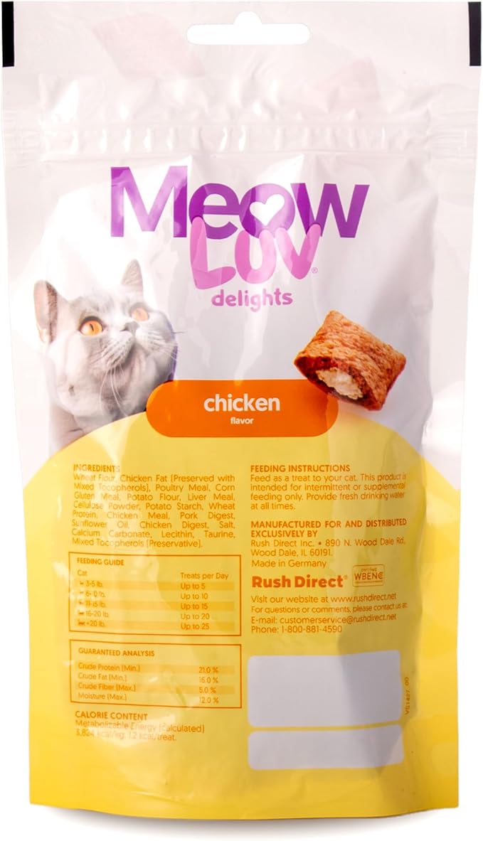 Ultra Chewy Meow Luv Delights Crunchy Cat Treats with Creamy Center - Chicken Flavor - Premium Cat Snacks - Soy-Free Recipe - Healthy Treats for Indoor Cats - 4 Pack