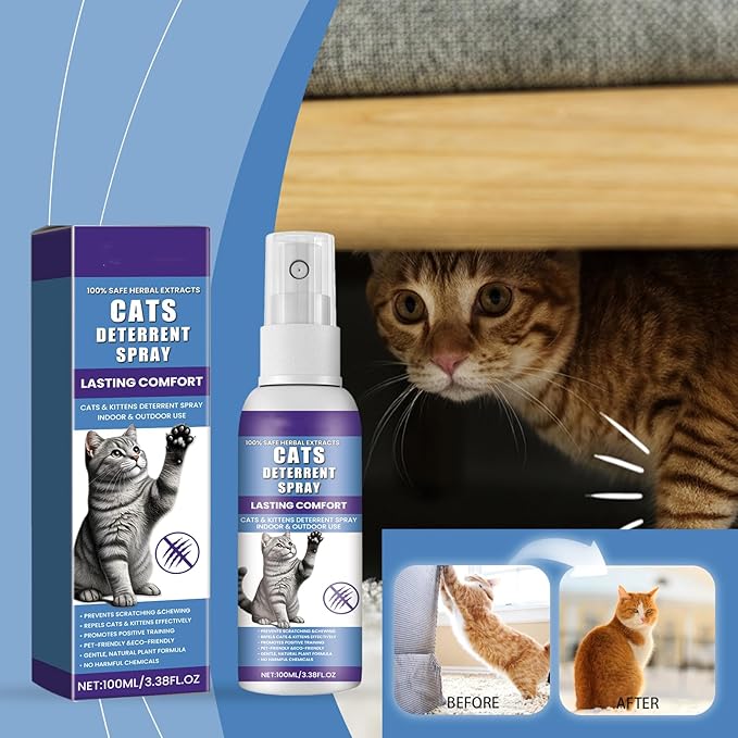 Cat Repellent Spray - Indoor/Outdoor Cat Deterrent Training Aid, Natural Plant-Based Formula to Stop Scratching, Jumping on Counters, and Spraying Behavior