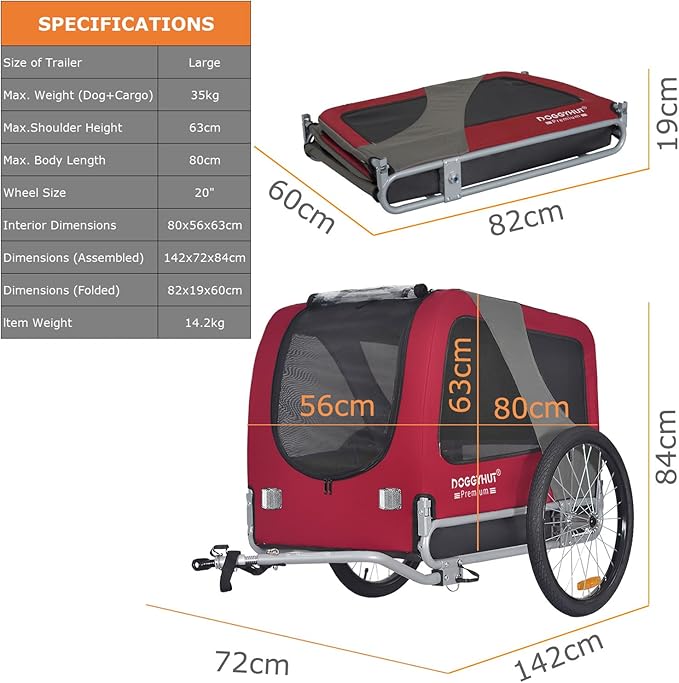 DOGGYHUT® Premium Large Pet Bike Trailer for Medium or Large Dog, Up to 78 lbs,Dog Bicycle Carrier,Low Center of Gravity,Easy Folding Frame