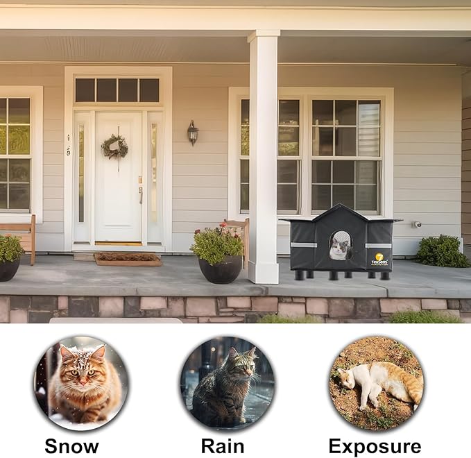 Texsens Outdoor Cat House - Weatherproof Large Cat Shelter for Outside with Roof Window- Insulated Elevated House for Stray/Barn Cats with Cozy Cushion - Ideal Waterproof Feral Cat House