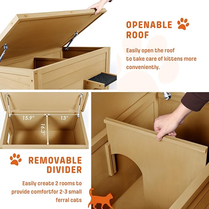 BRIOPAWS Feral-Outdoor-Cat-House-Insulated | Outside-Cat-Shelter for Winter | Weatherproof | Large Wooden Pet House for Multiple Cats | Foldable Ladder | Acrylic Side Window | Brown