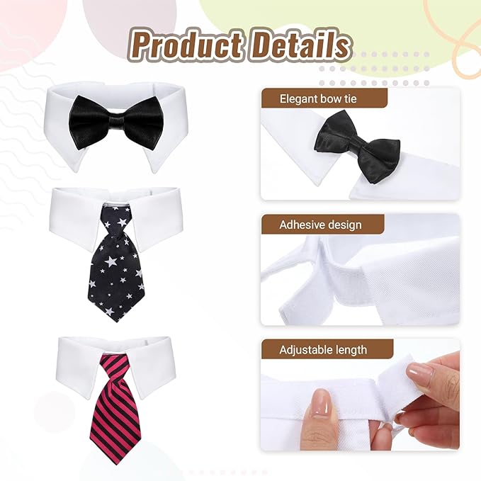 3 Pcs Dog Cat Tuxedo Collar with Adjustable Collars, Pet Bowtie Collar, Bow Tie Tux Costume, Formal Tuxedo Suit for Dog Cat Pets, Perfect for Weddings, Birthdays (Neck 15”)