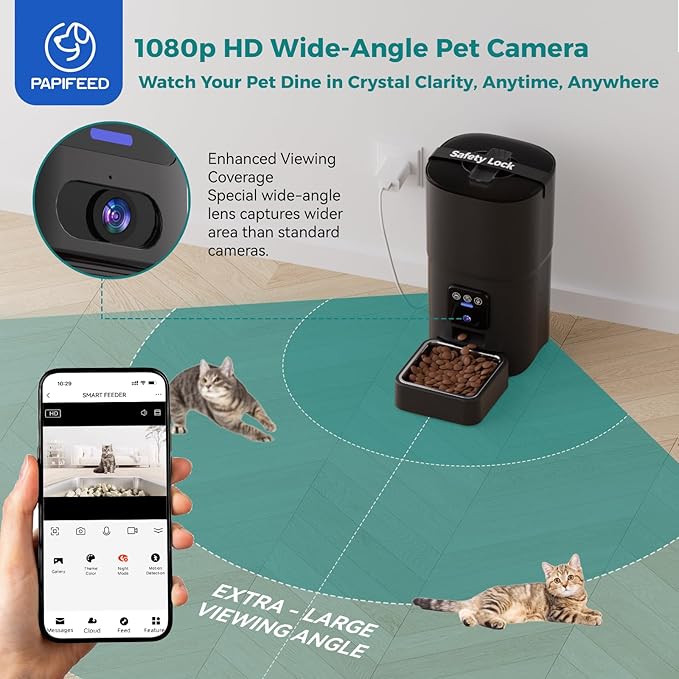 PAPIFEED Automatic Cat Feeder with Camera, 6L Smart WiFi Cat Food Dispenser for Dry Food, Scheduled Feeding You Can Rely On, 1080P HD Monitoring, App Control, Dual Power Backup