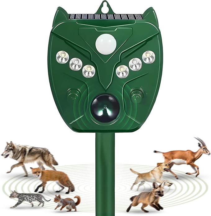 Shamzy Solar Ultrasonic Animal Repellent Outdoor, Cat Deterrent for Yard with 6 LED Flashing Lights & Motion Sensor That Repel Dogs, Deer, Fox, Raccoon, Skunk, Rabbit, Squirrel Deterrent Outdoor