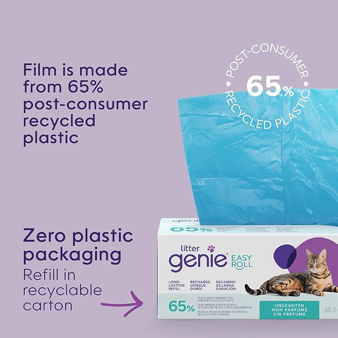 Litter Genie Easy Roll Refill Bags (2-Pack) | 65% Recycled Plastic | Up to 12 months of supply in 2 Rolls of 24 tear-off Bags | Zero Plastic Packaging Cat Litter Bags