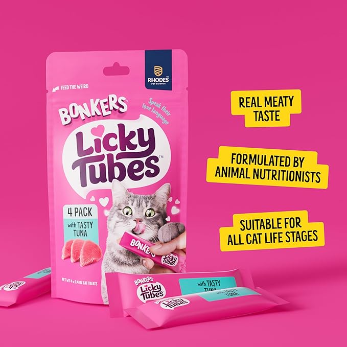 Bonkers Licky Tubes, Wet Lickable Tube Tasty Tuna Cat Treats, Real Meat Treat for Training or Food Topper for All Breeds and Ages (15 Pack, 60 Tubes) - Product Package May Vary