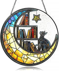 Cat Suncatcher - Sun Catchers Indoor Window, Celestial Stained Glass Window Hanging Decor with Star & Bookshelf Design, Pet Memorial Gift for Cat Lovers, Grieving Pet Owners, or Gothic Home Aesthetic
