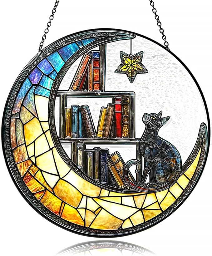 Cat Suncatcher - Sun Catchers Indoor Window, Celestial Stained Glass Window Hanging Decor with Star & Bookshelf Design, Pet Memorial Gift for Cat Lovers, Grieving Pet Owners, or Gothic Home Aesthetic