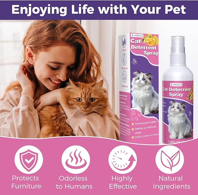 Cat Deterrent Spray, Cat Repellent Spray - Natural, For Effective Scratch & Chew Deterrent, Training Aid for Cats, Protect Furnitures, Sofa, Rug, Restricted - Training Safe, 100 ml (3.38 Oz) 2 Pack
