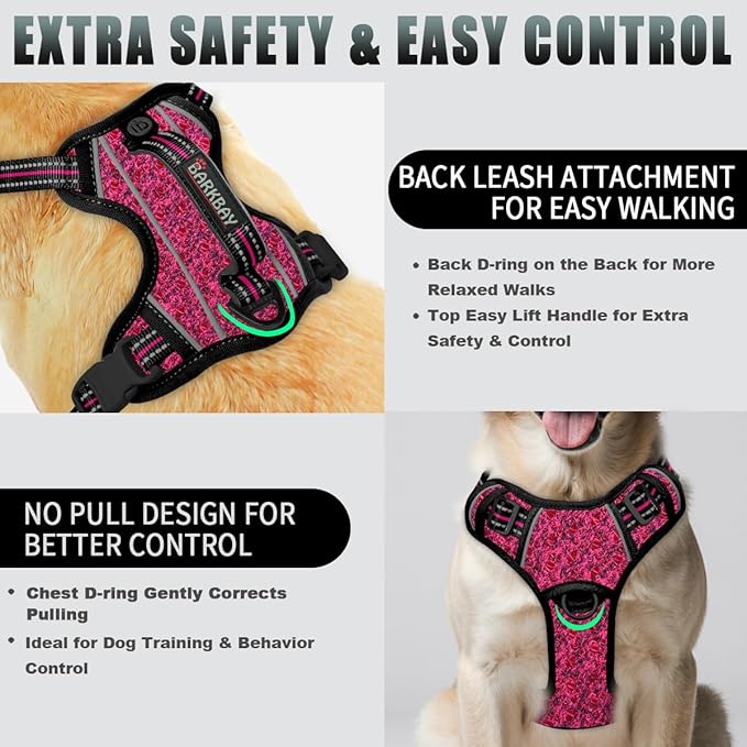 BARKBAY No Pull Dog Harness Large Reflective Dog Harness with Front Clip and Easy Control Handle for Walking Training Running with ID tag Pocket(Pink/Black,M)