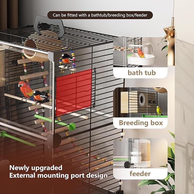 Bird Cage,Large Parrot Cage with Acrylic Doors, 3-Tier Movable Birdcage Parakeet Cage w/Wheels, 360° View Spacious Interactive Bird House (White, with breeding Box)