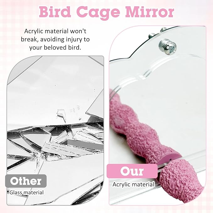 PINVNBY 2 PCS Bird Perch with Mirror Resin Parakeet Perches Hanging Parrot Toys Interactive Bird Cage Accessories for Cockatiel Conure Lovebird Finch (Pink)
