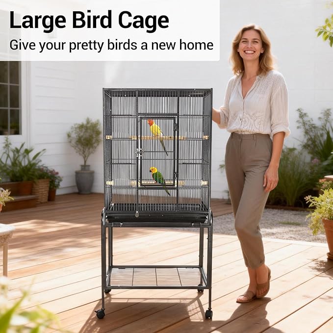 53 Inch Bird Cage with Wooden Perches, Standing Wrought Iron Birdcage Large Parrot Flight Bird Cage with Rolling Stand Birdcages for Cockatiels African Grey Quaker Lovebird Canary Budgie Finch Black