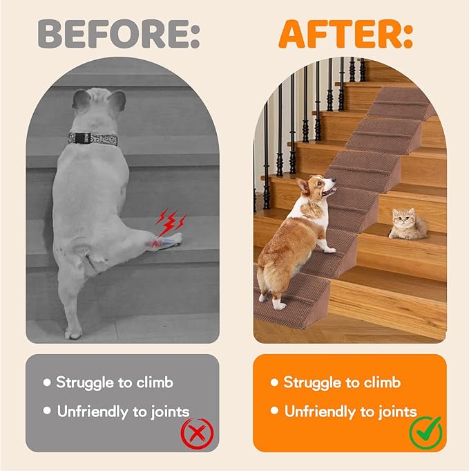 Upgrade Non-Slip Dog Ramps/Stairs for Staircase, Foam Dog Ramps for Stairs Inside House, Foam Pet Ramps for Small Dogs, Stair Ramp for Injured Dogs Cats with Self-Sticky Pads to Fix, 6 Pack