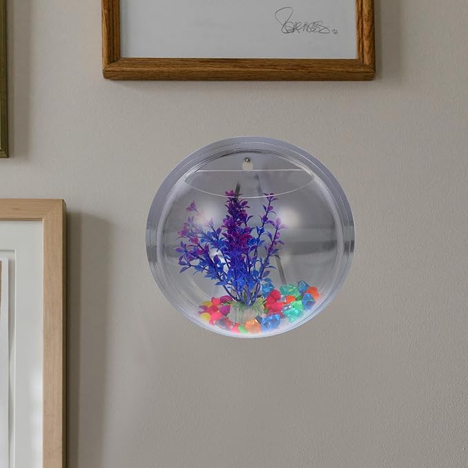 Vintage Decor Wall Mounted Aquarium Tank Clear Acrylic Round Fish Tank Betta Fish Bowl Hanging Bubble Tank Pot Vase Transparent Wall Planter for Home Garden Office Decor Retro Decor