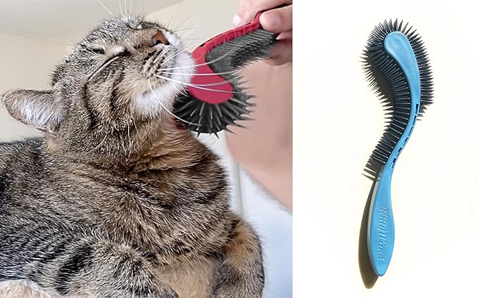 Cat Brush, Blue. Designed for Comfort, Created for Cats and Dogs. Ergonomic shape promotes stress free grooming. Great for long to short haired cats. Made in the USA.
