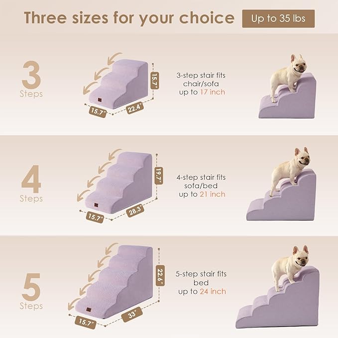 EHEYCIGA Curved Dog Stairs Ramp for Small Dogs 15.7" H, 3-Step Dog Steps for Couch Sofa and Chair, Pet Stairs for Cats, Non-Slip Balanced Pet Steps Indoor, Lilac