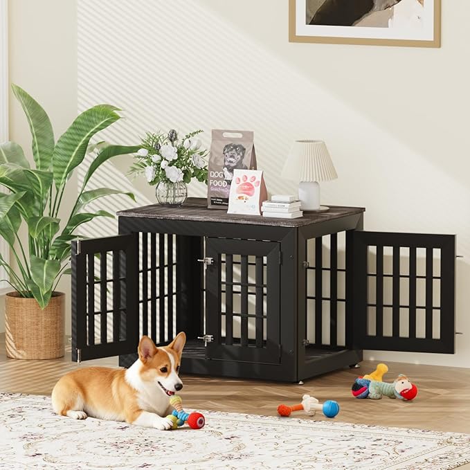 32" Heavy Duty Dog Crate Furniture for Small,Medium and Large Dogs,Rustic Wooden Dog Cage Kennel Indoor Furniture with Waterproof Top,Decorative Pet House Side End Table (Black & Grey)
