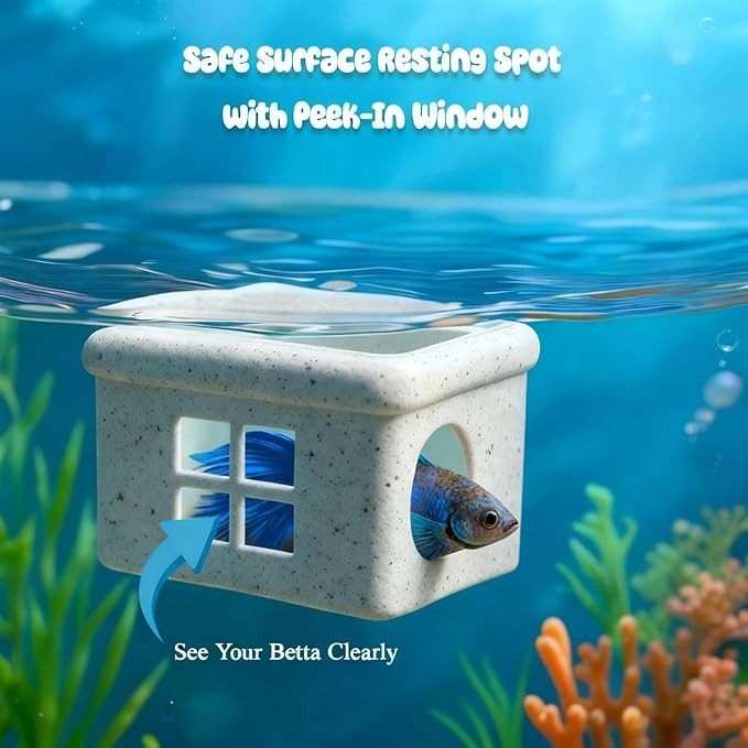 Marble Gray Floating Betta Fish Hideout with Window – 3D Aquarium Shelter & Feeding Platform – Betta Resting Cave for Fish Tank Decor (3.67"x2.87"x2.16")